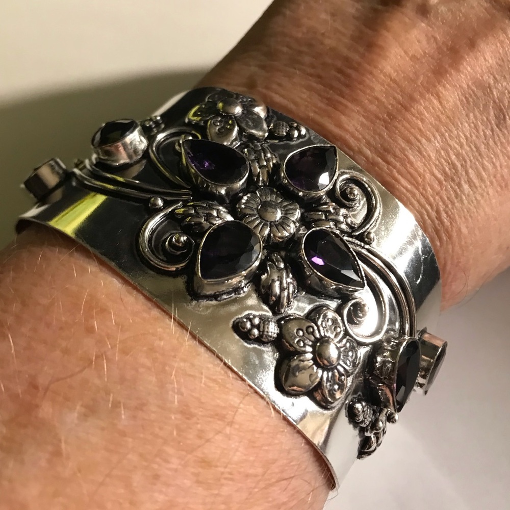 Amethyst Stamped 925 Sterling Silver Cuff Bracelet